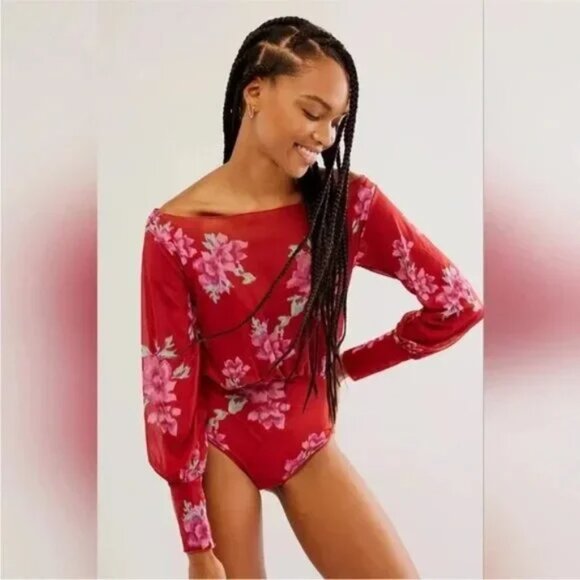NWOT Free People Intimately Undercover Printed Bodysuit in Cherry Combo - Picture 1 of 9